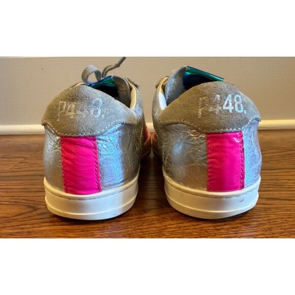 P448 John Sneakers Silver Gray Pink Accent Leather Womens EU Sz 38 US 8.5-9 - Picture 3 of 12